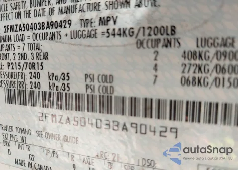 2003 Ford Windstar Standard z USA, uszkodzony, nr VIN 2FMZA50403BA90429